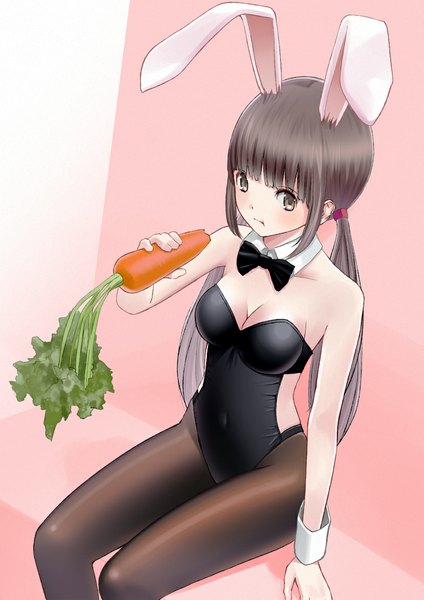 Anime picture 827x1169 with original chikuwa (odennabe) single long hair tall image looking at viewer blush light erotic brown hair sitting twintails bare shoulders brown eyes animal ears cleavage bunny ears covered navel eating girl pantyhose