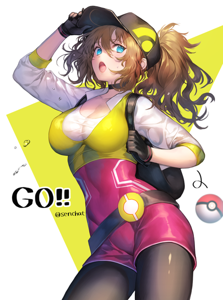 Anime picture 627x845 with pokemon pokemon (game) pokemon go nintendo female protagonist (pokemon go) senchat single long hair tall image blush fringe breasts open mouth blue eyes light erotic hair between eyes brown hair large breasts signed payot