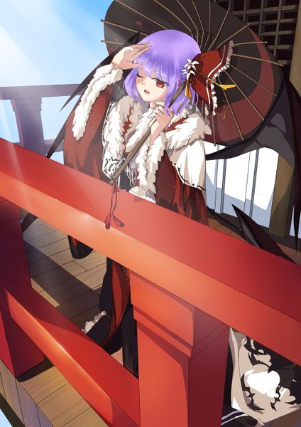 Anime picture 1000x1414 with touhou remilia scarlet pandako single tall image short hair open mouth red eyes purple hair one eye closed wink girl dress hair ornament wings umbrella