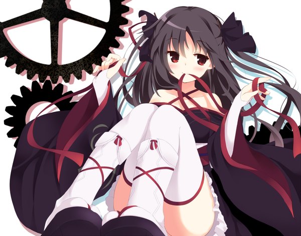 Anime picture 1951x1533 with machine-doll wa kizutsukanai yaya (machine-doll) kajuu aisu single long hair blush highres black hair red eyes traditional clothes japanese clothes girl thighhighs bow ribbon (ribbons) hair bow white thighhighs kimono gears