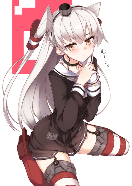 Anime picture 600x847 with kantai collection amatsukaze destroyer haruyuki (yukichasoba) single long hair tall image looking at viewer blush fringe sitting brown eyes bent knee (knees) white hair two side up kneeling girl thighhighs gloves hat white gloves