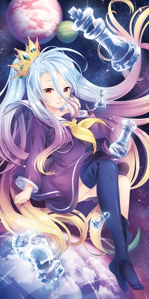 Anime picture 1063x2126 with no game no life madhouse shiro (no game no life) silverbin single long hair tall image looking at viewer hair between eyes red eyes blue hair multicolored hair one side up girl thighhighs uniform black thighhighs school uniform crown planet