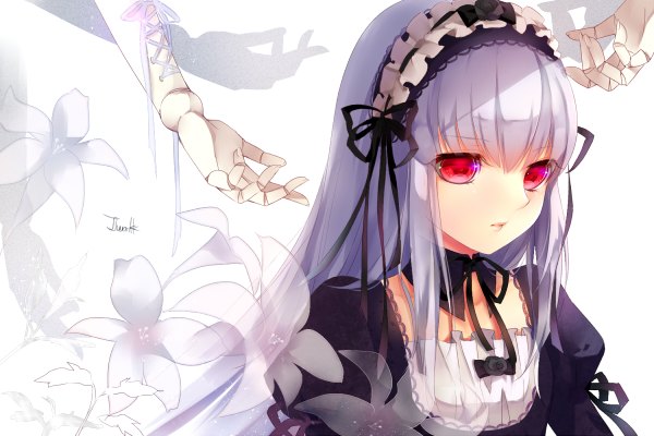 Anime picture 1200x800 with rozen maiden suigintou 041 single long hair fringe simple background red eyes white background purple hair lips girl flower (flowers) ribbon (ribbons) hairband
