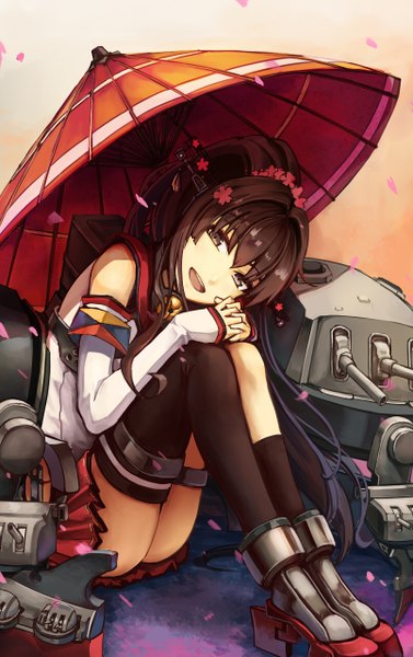 Anime picture 804x1278 with kantai collection yamato super battleship darkers (akefumi) single long hair tall image looking at viewer open mouth brown hair sitting brown eyes girl thighhighs skirt hair ornament weapon black thighhighs miniskirt socks belt
