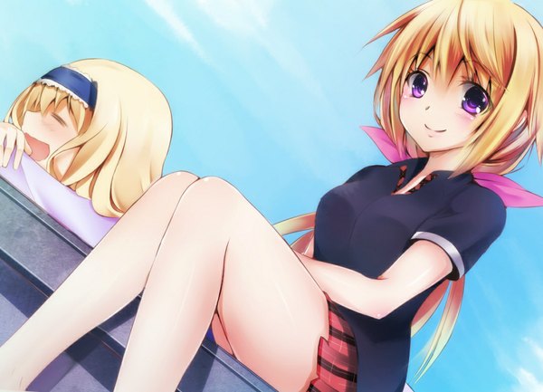 Anime picture 1087x786 with infinite stratos 8bit charles dunois cecilia orcott suitenjh long hair blush open mouth blonde hair smile sitting purple eyes multiple girls girl skirt 2 girls hairband