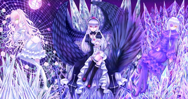 Anime picture 3150x1671 with rozen maiden suigintou kirakishou barasuishou lunatic (phantasy) long hair highres red eyes wide image multiple girls green eyes pink hair silver hair white hair orange eyes goth-loli girl thighhighs dress flower (flowers)