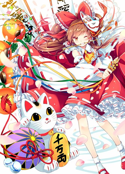 Anime picture 850x1182 with touhou hakurei reimu natsume eri single long hair tall image looking at viewer blush holding brown eyes traditional clothes one eye closed wink mouth hold miko mask on head girl skirt bow hair bow
