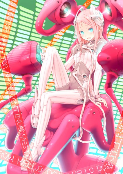 Anime picture 1753x2480 with original kuinji 51go single long hair tall image looking at viewer blush highres open mouth sitting pink hair nail polish aqua eyes glowing girl bodysuit wire (wires)