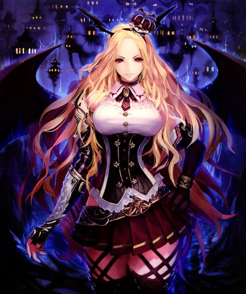 Anime picture 3652x4368 with shingeki no bahamut tachikawa mushimaro (bimo) single long hair tall image looking at viewer highres blonde hair red eyes absurdres pleated skirt light smile scan night hand on hip head wings serious girl dress skirt