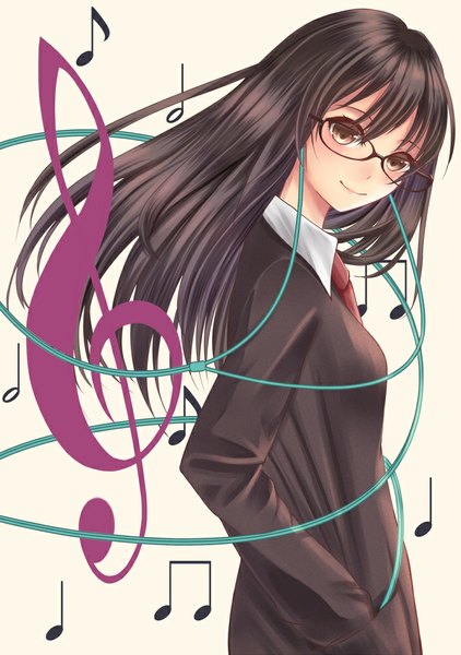 Anime picture 704x1000 with original hamizu single long hair tall image looking at viewer black hair smile white background brown eyes girl glasses headphones musical note