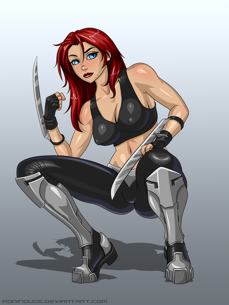 Anime picture 2250x3000 with ronin dude (ray cornwell) single long hair tall image highres blue eyes light erotic simple background red hair shadow erect nipples covered nipples girl gloves navel weapon armor
