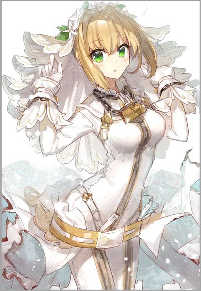 Anime picture 638x922 with fate (series) fate/grand order fate/extra fate/extra ccc nero claudius (fate) (all) nero claudius (fate) nero claudius (bride) (fate) chocoan single tall image looking at viewer blush fringe short hair breasts open mouth simple background blonde hair hair between eyes standing