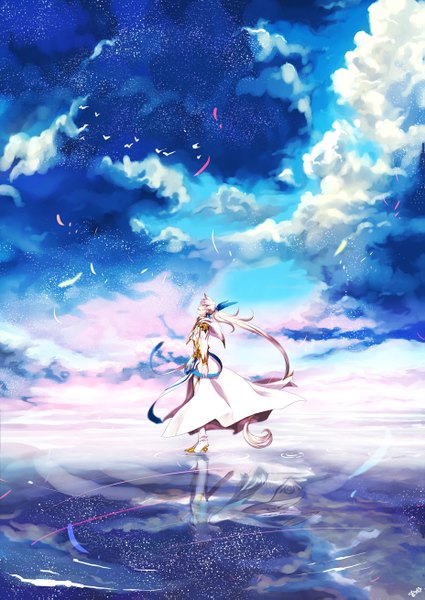 Anime picture 927x1309 with tales of (series) tales of zestiria sorey (tales) houhou (black lack) single tall image fringe open mouth smile looking away pink hair sky cloud (clouds) ponytail very long hair profile reflection looking up flying sheathed