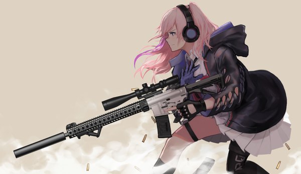 Anime picture 6049x3507 with girls frontline st ar-15 (girls frontline) wu lun wujin single long hair highres simple background wide image purple eyes holding looking away pink hair absurdres long sleeves profile multicolored hair two-tone hair shadow fighting stance angry