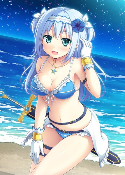 Anime picture 1143x1600 with original nakamura sumikage single long hair tall image looking at viewer blush breasts open mouth blue eyes light erotic blue hair hair flower beach girl gloves navel hair ornament flower (flowers) weapon