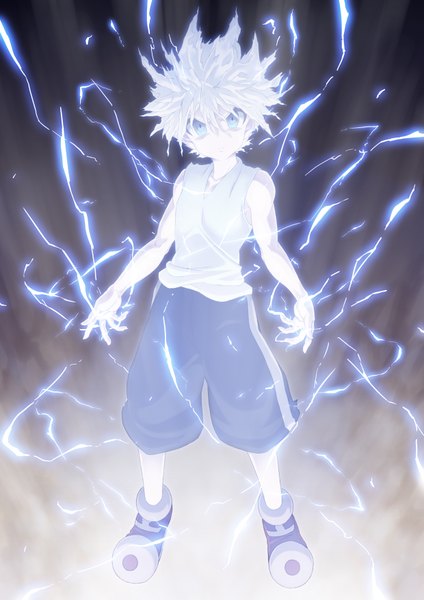 Anime picture 1240x1754 with hunter x hunter killua zaoldyeck ayumu-k single tall image looking at viewer short hair blue eyes bare shoulders white hair magic fighting stance lightning electricity boy shorts boots