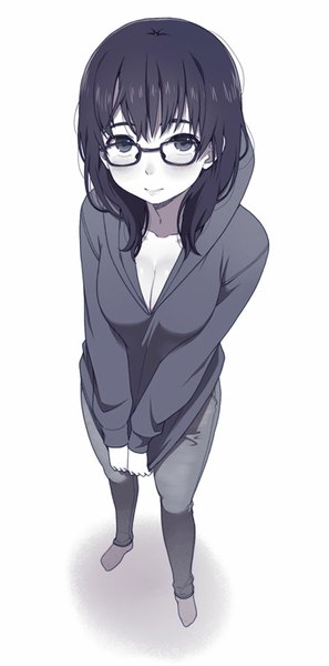 Anime picture 471x950 with original mattaku mousuke single long hair tall image looking at viewer blush fringe breasts black hair simple background standing cleavage from above black eyes shadow embarrassed monochrome girl glasses