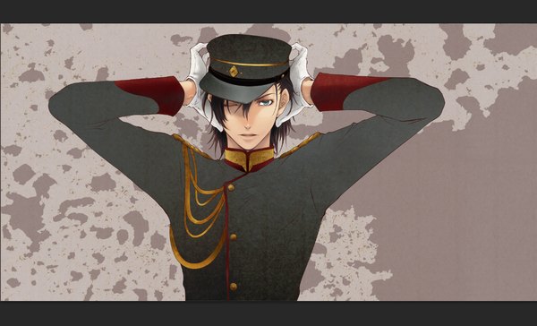 Anime picture 1115x678 with shihouakira short hair open mouth blue eyes black hair wide image one eye closed wink arms up boy gloves uniform military uniform peaked cap