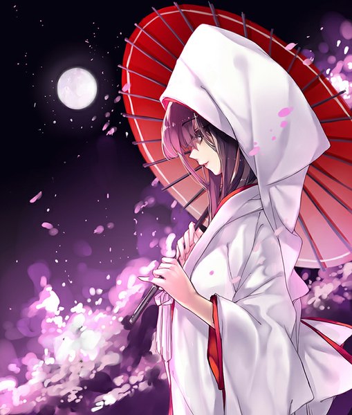 Anime picture 700x825 with touhou houraisan kaguya hug (yourhug) single long hair tall image looking at viewer fringe smile holding purple hair long sleeves traditional clothes japanese clothes profile night wide sleeves night sky girl hood