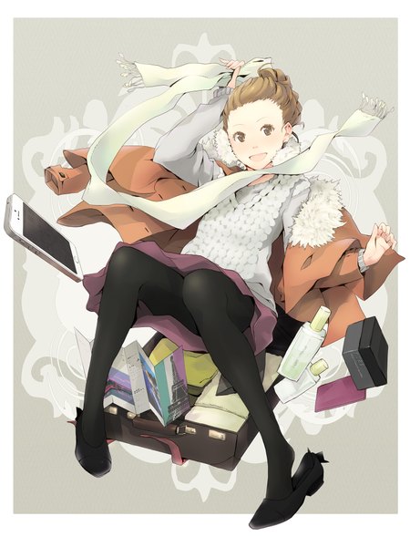 Anime picture 1500x2000 with original yoshito (u10) single tall image blush open mouth smile brown hair sitting holding brown eyes off shoulder border happy girl skirt pantyhose shoes jacket scarf