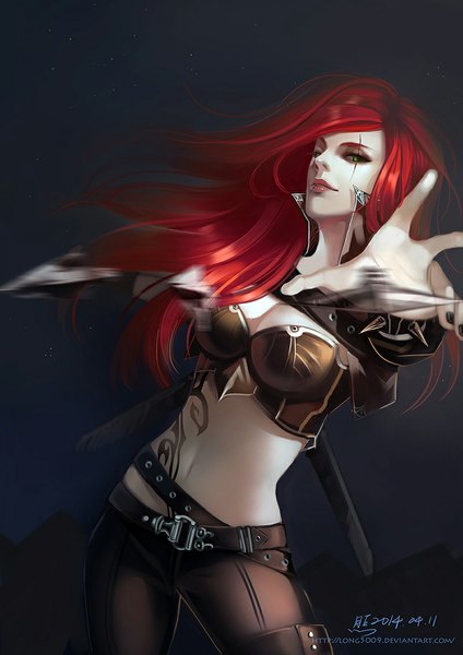 Anime picture 800x1132 with league of legends katarina (league of legends) long5009 single long hair tall image looking at viewer breasts green eyes red hair lips realistic bare belly midriff tattoo girl belt