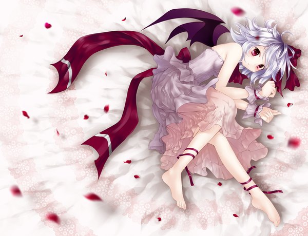 Anime picture 2200x1690 with touhou remilia scarlet n3 single highres short hair red eyes bare shoulders silver hair no shoes girl dress petals wings