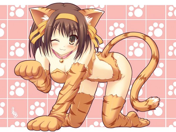 Anime picture 1600x1200 with suzumiya haruhi no yuutsu kyoto animation suzumiya haruhi light erotic animal ears cat girl girl