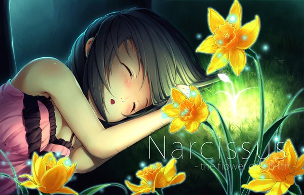 Anime picture 1358x873 with original armais (me-chan337) single blush short hair black hair lying eyes closed girl flower (flowers)