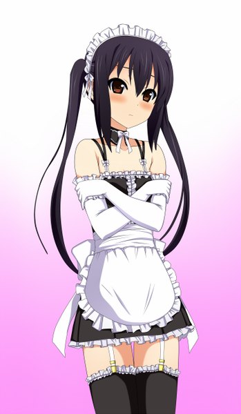 Anime picture 757x1300 with k-on! kyoto animation nakano azusa kenken single long hair tall image blush black hair red eyes twintails maid zettai ryouiki girl thighhighs gloves black thighhighs elbow gloves headdress maid headdress