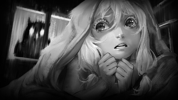 Anime picture 1920x1080 with tiny bunny olya (tiny bunny) saikono single long hair fringe highres hair between eyes wide image twintails looking away game cg parted lips low twintails monochrome silhouette under covers scared see-through silhouette girl