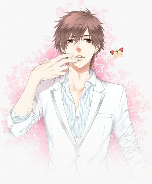 Anime picture 854x1031 with dousei kareshi blackbutterfly kei ichinose kirishima sou single tall image simple background brown hair brown eyes finger to mouth striped partially open clothes twisty sleeves boy shirt insect butterfly blazer