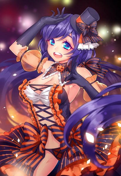 Anime picture 1200x1744 with love live! school idol project sunrise (studio) love live! toujou nozomi sougishi ego single long hair tall image looking at viewer blush fringe breasts open mouth blue eyes light erotic smile large breasts twintails purple hair blurry