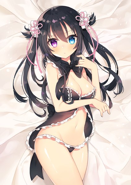 Anime picture 800x1132 with gensou no idea shinomori rinon ayami (annahibi) single long hair tall image blush fringe blue eyes light erotic black hair hair between eyes purple eyes lying from above open clothes on back underwear only heterochromia shiny skin