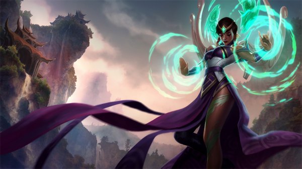 Anime picture 1215x682 with league of legends karma (league of legends) single short hair black hair wide image sky cloud (clouds) eyes closed tattoo magic waterfall girl dress wings water building (buildings) circlet
