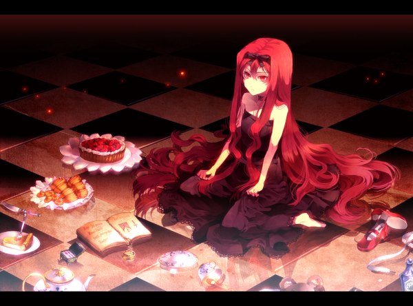 Anime picture 1350x1000 with sunakumo long hair red eyes bare shoulders red hair very long hair barefoot checkered floor checkered girl dress bow hair bow sweets book (books) cake