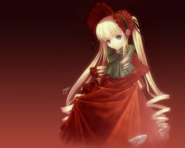 Anime picture 1280x1024 with rozen maiden shinku tony taka single blue eyes simple background twintails signed very long hair drill hair red background girl dress ribbon (ribbons) frills red dress doll (dolls) headscarf