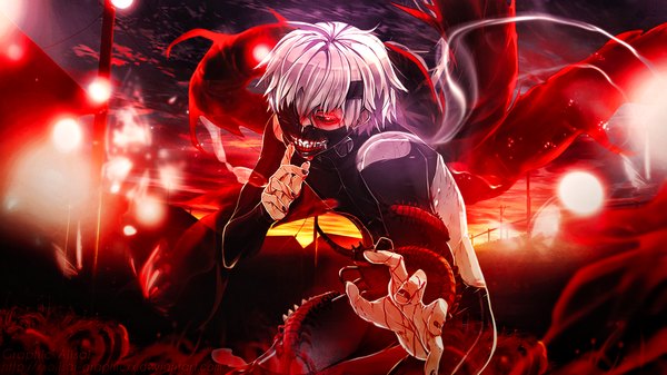 Anime picture 1600x900 with tokyo ghoul studio pierrot kaneki ken xxajisaixx srinitybeast single looking at viewer short hair red eyes wide image silver hair nail polish teeth wallpaper finger to mouth outstretched hand black nail polish black sclera boy insect