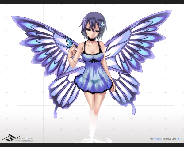 Anime picture 4724x3780 with original t-track (artist) highres short hair white background brown eyes absurdres cleavage purple hair insect wings butterfly wings girl wings insect butterfly collar