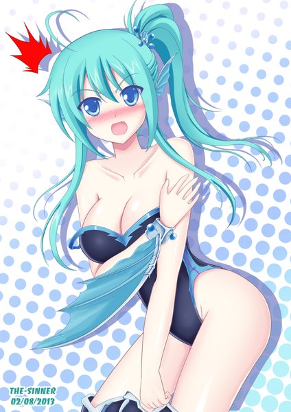 Anime picture 800x1131 with shinkai no valkyrie the-sinner single long hair tall image looking at viewer blush open mouth blue eyes light erotic blue hair girl swimsuit bracelet
