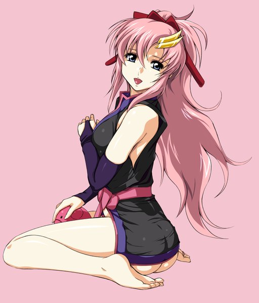 Anime picture 1405x1646 with gundam seed lacus clyne haro zundarepon single long hair tall image blue eyes light erotic sitting pink hair pink background girl mecha