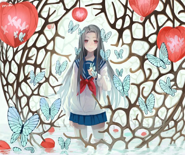 Anime picture 953x800 with original mia0309 single long hair looking at viewer blush black hair smile red eyes signed partially submerged butterfly on hand girl uniform water serafuku insect butterfly cardigan physalis