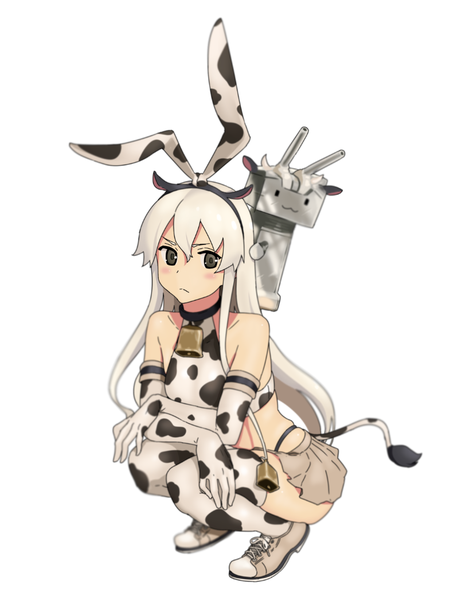 Anime picture 785x1046 with kantai collection shimakaze destroyer rensouhou-chan kinniku1234 single long hair tall image looking at viewer blush simple background white background brown eyes full body white hair squat animal print cow print cow girl girl thighhighs