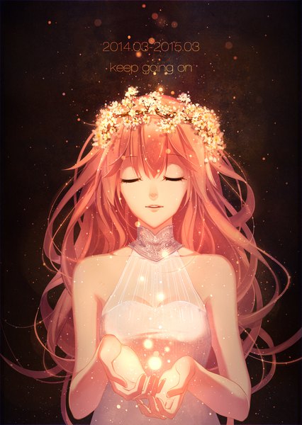 Anime picture 1240x1748 with original cyannism single long hair tall image fringe bare shoulders pink hair upper body eyes closed parted lips inscription text dark background english girl dress white dress wreath