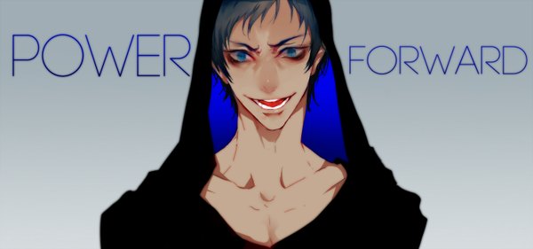 Anime picture 1500x703 with kuroko no basket production i.g aomine daiki xianrou men single looking at viewer short hair open mouth blue eyes simple background brown hair wide image inscription grey background teeth text english boy tongue hood