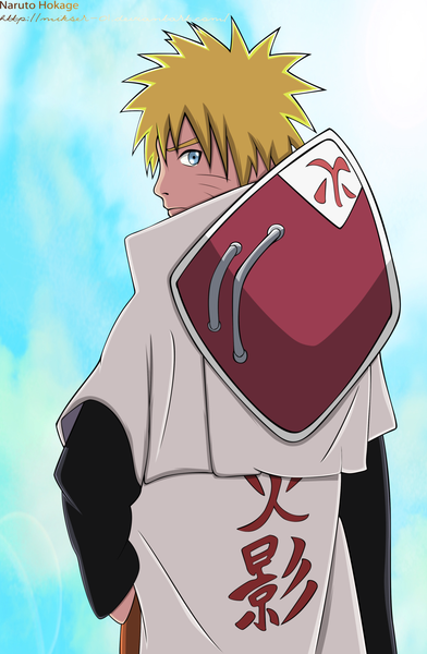 Anime picture 2472x3785 with naruto studio pierrot naruto (series) uzumaki naruto gold-mk single tall image highres short hair blue eyes blonde hair sky cloud (clouds) profile looking back from behind inscription coloring facial mark hieroglyph