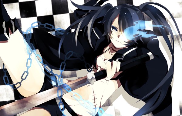 Anime picture 2000x1280 with black rock shooter black rock shooter (character) chisumi single long hair highres blue eyes black hair twintails glowing scar glowing eye (eyes) girl navel weapon sword shorts katana chain bikini top