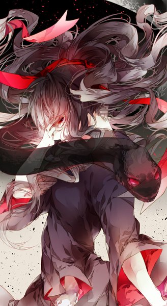 Anime picture 600x1096 with kagerou project shaft (studio) azami (kagerou project) reika (artist) single long hair tall image looking at viewer fringe black hair ponytail profile wide sleeves orange eyes wavy hair girl ribbon (ribbons) hair ribbon