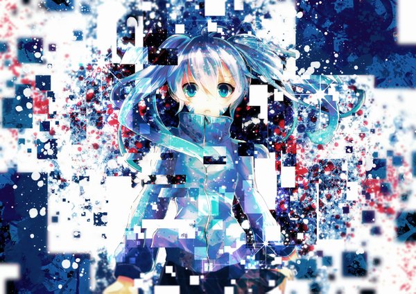Anime picture 1300x919 with kagerou project shaft (studio) ene (kagerou project) sazanami shione single long hair looking at viewer blue eyes twintails blue hair face paint abstract girl skirt sweater