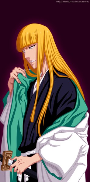 Anime picture 938x1899 with bleach studio pierrot hirako shinji inferno2446 single long hair tall image simple background purple eyes traditional clothes japanese clothes orange hair grin coloring boy weapon sword belt kimono katana