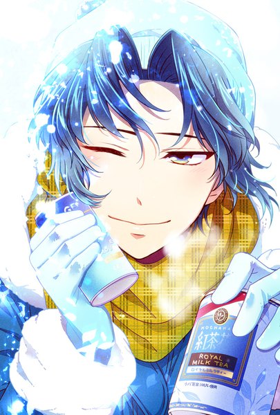 Anime picture 550x814 with prince of tennis yukimura seiichi chikariya single tall image short hair blue eyes smile blue hair upper body one eye closed winter boy gloves scarf cap winter clothes can tea